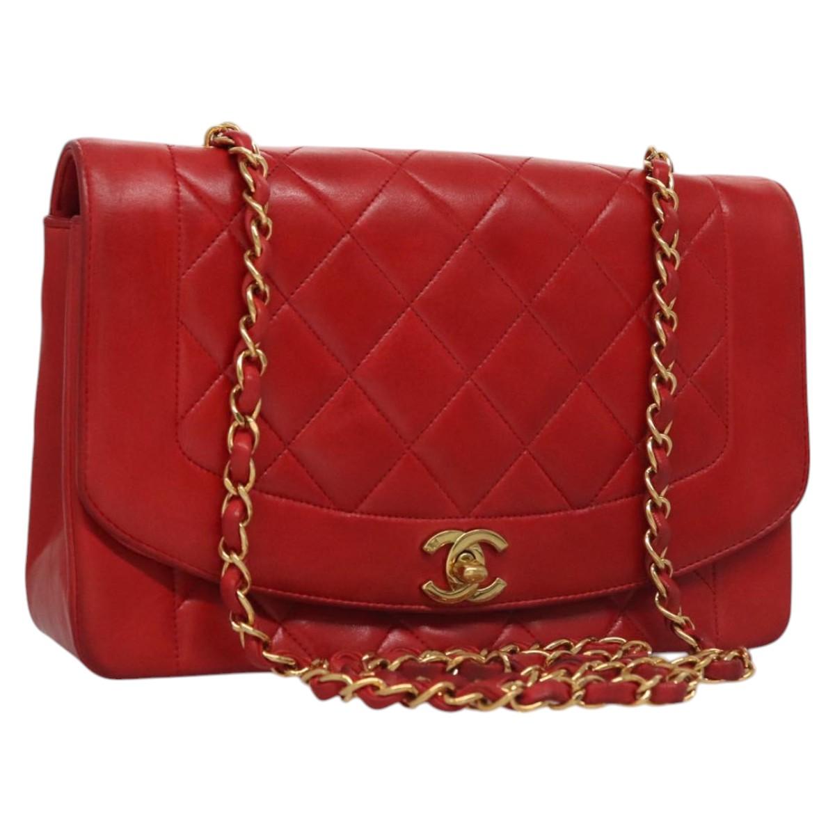 CHANEL Diana 25 Chain Shoulder Bag Lamb Skin Red CC Auth 114568A