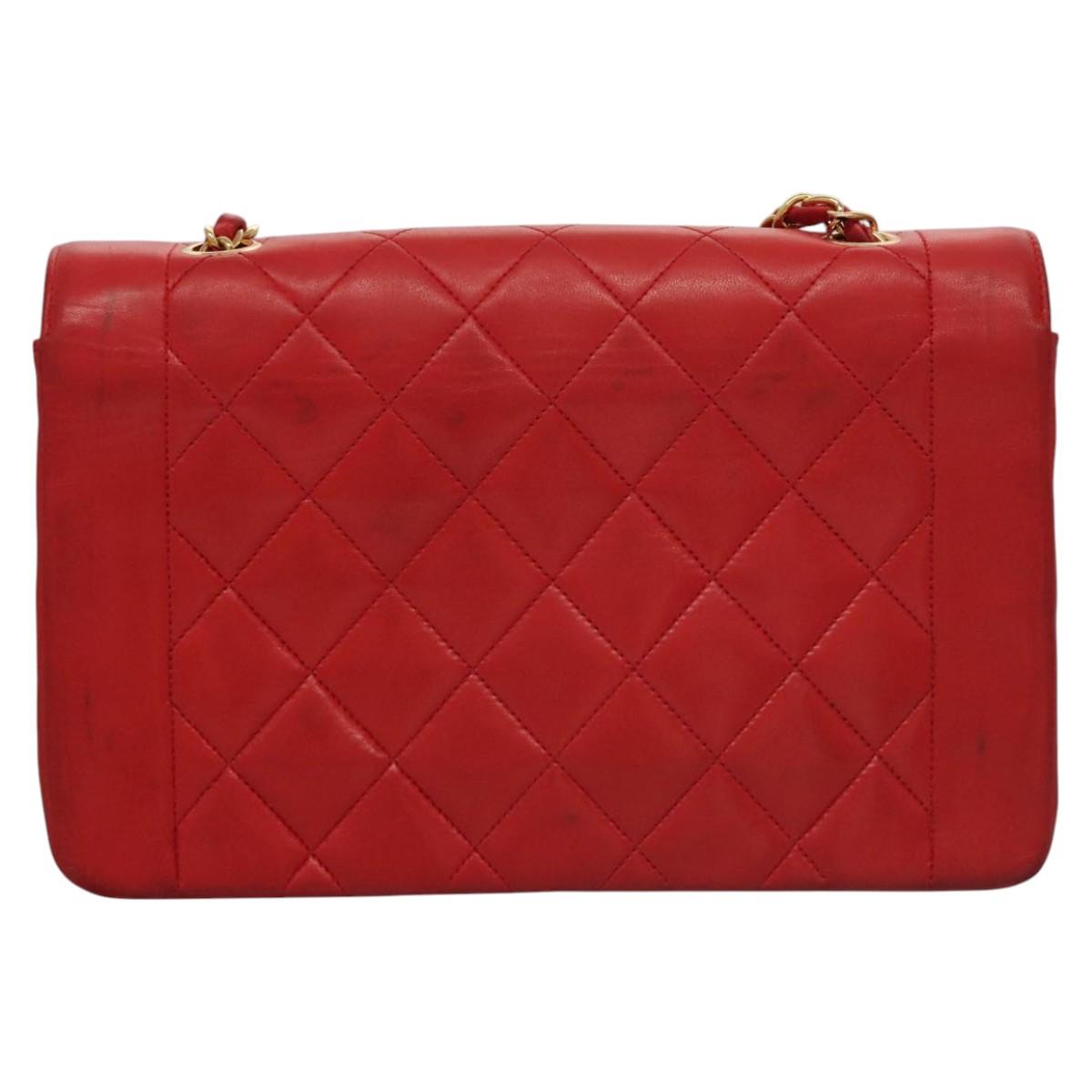 CHANEL Diana 25 Chain Shoulder Bag Lamb Skin Red CC Auth 114568A