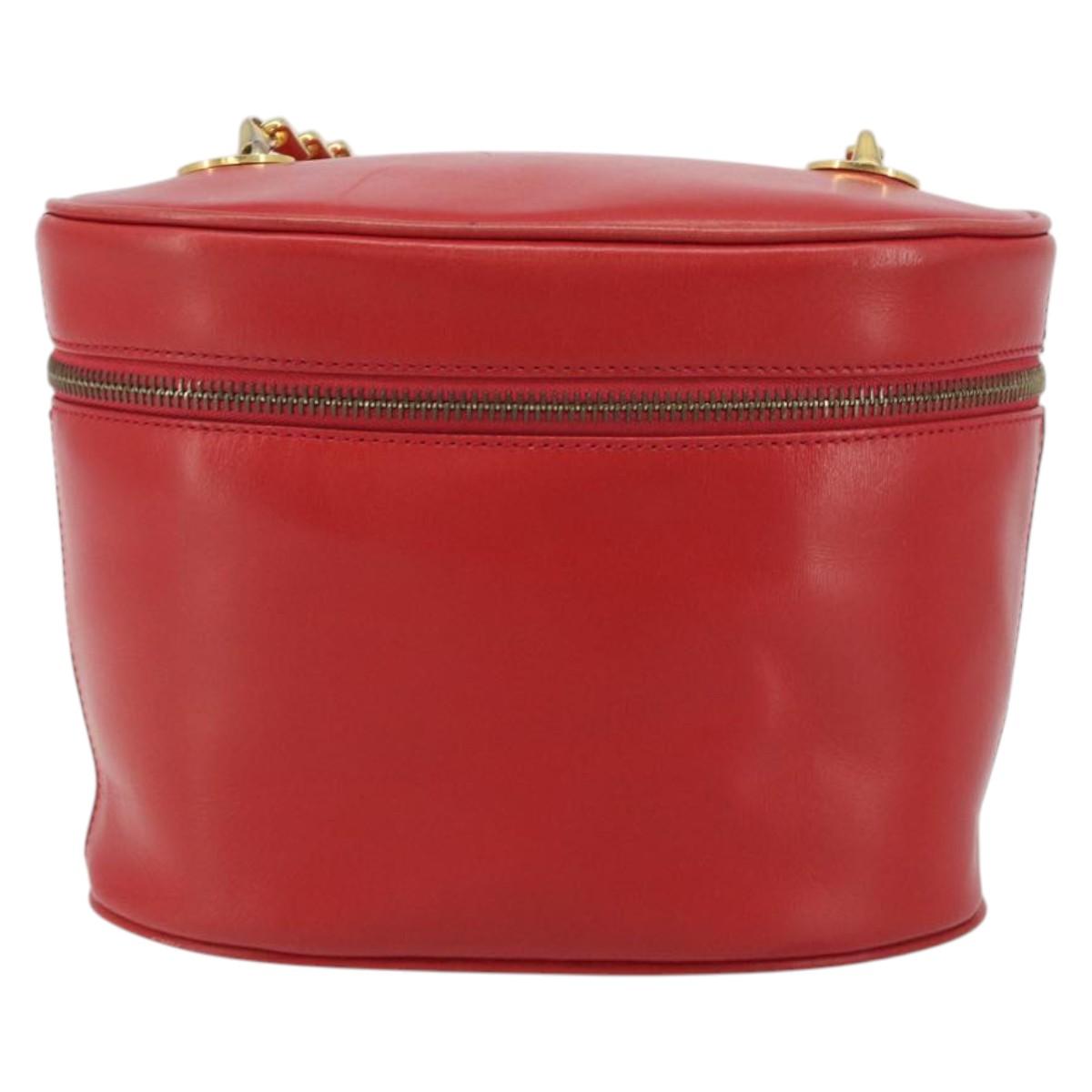 CELINE Chain Shoulder Bag Leather Red Gold Auth 114588
