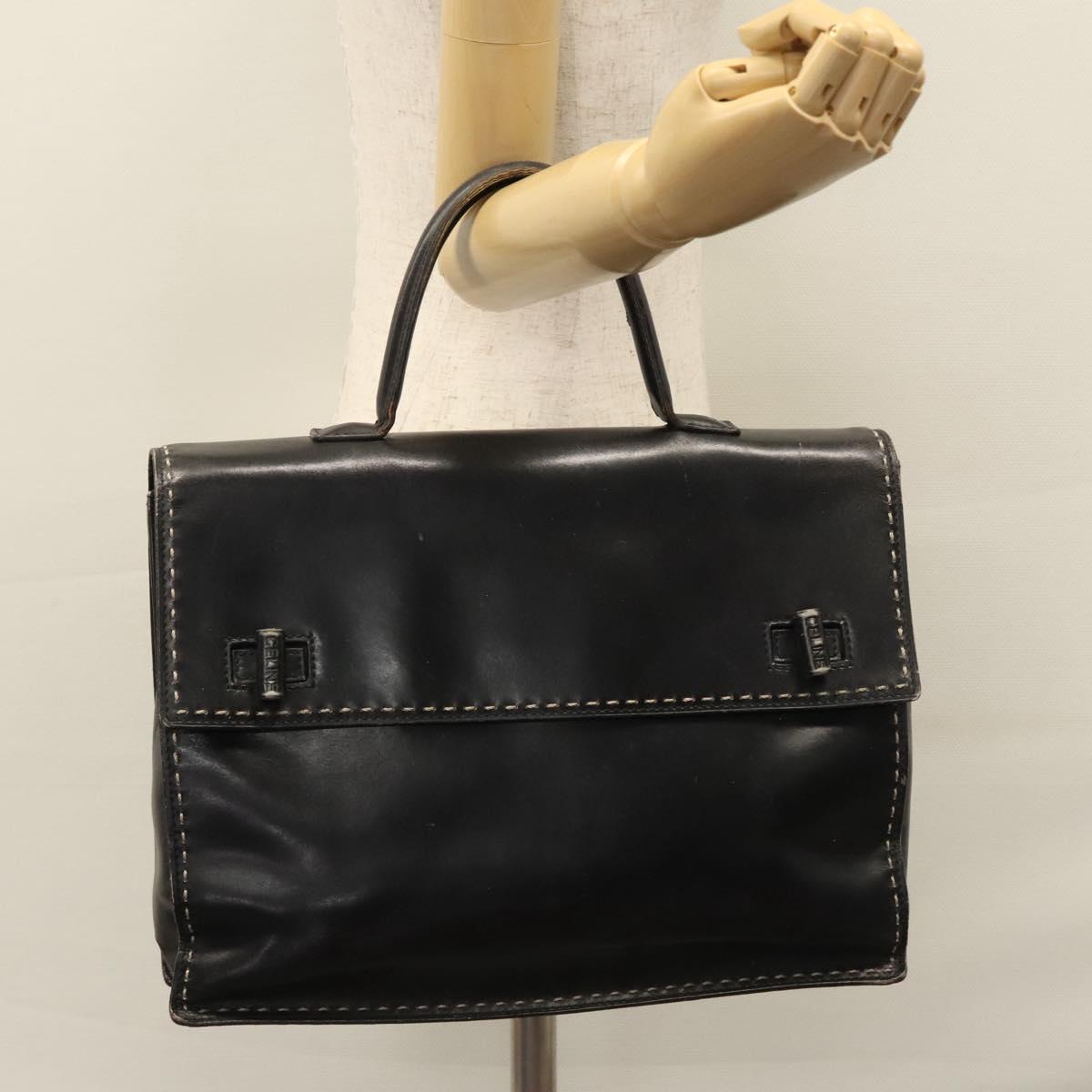 CELINE Hand Bag Leather Black Auth 114646