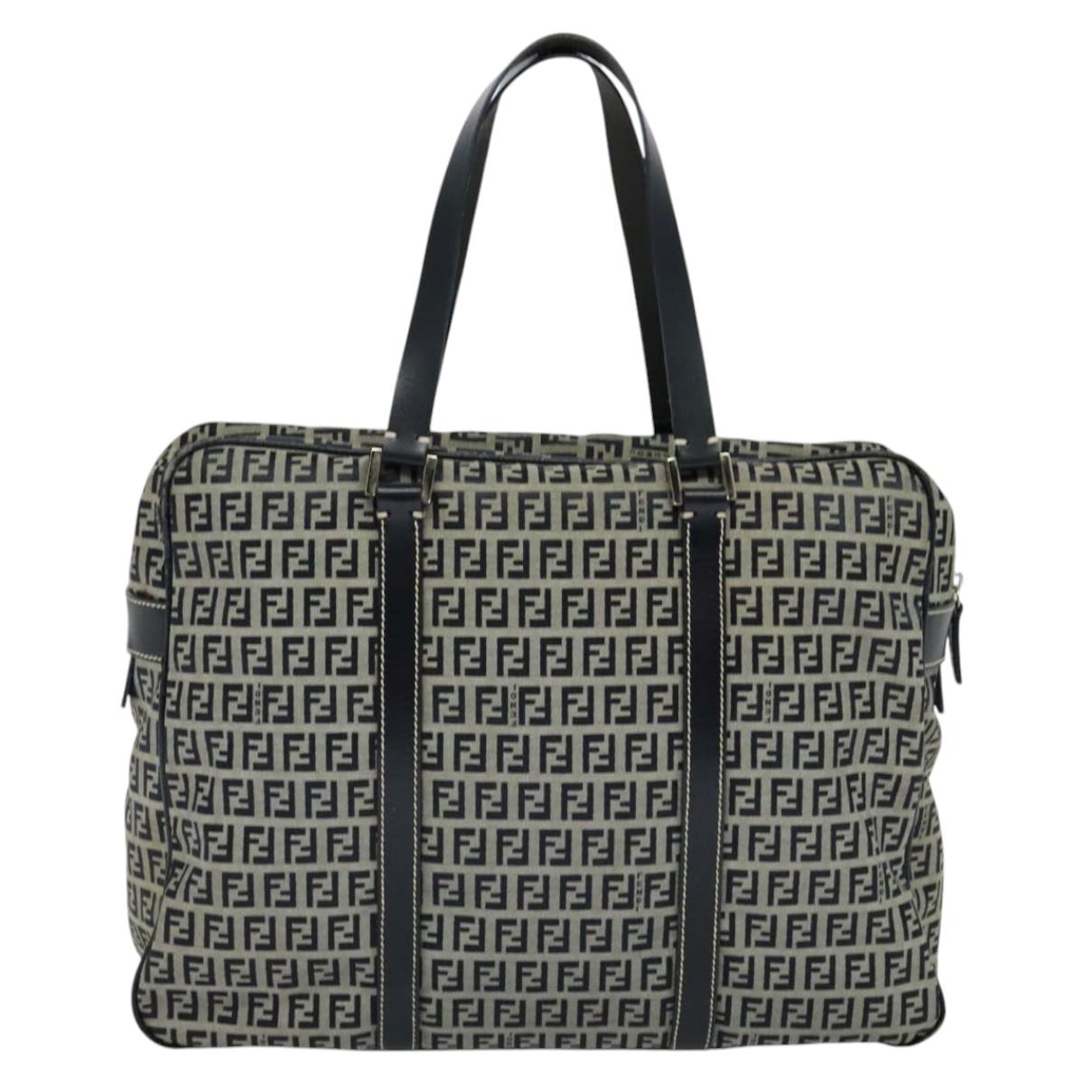 FENDI Zucchino Canvas Hand Bag Navy Silver Auth 114726