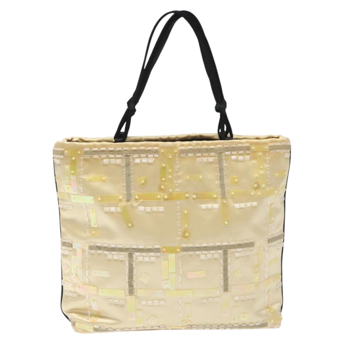 PRADA Beads Hand Bag Satin Cream Auth 114749