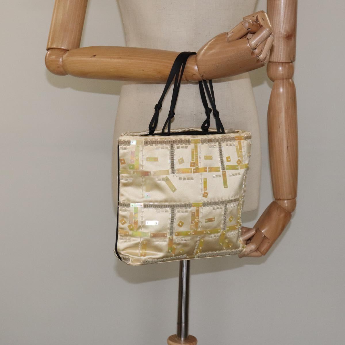 PRADA Beads Hand Bag Satin Cream Auth 114749