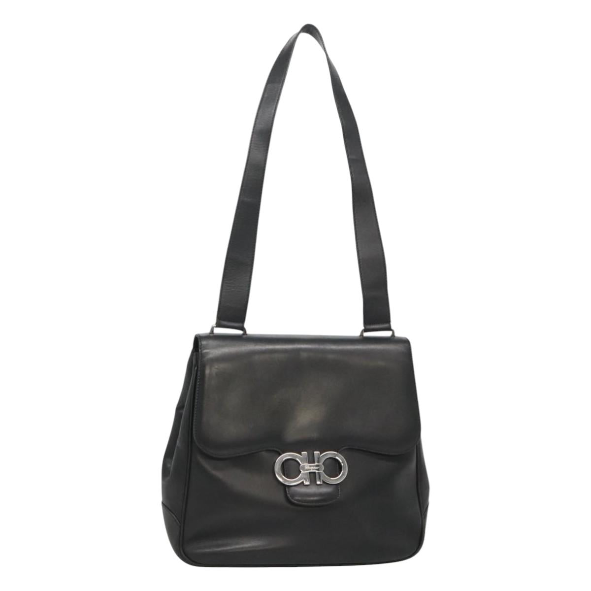 Salvatore Ferragamo Gancini Shoulder Bag Leather Black Silver Auth 114751