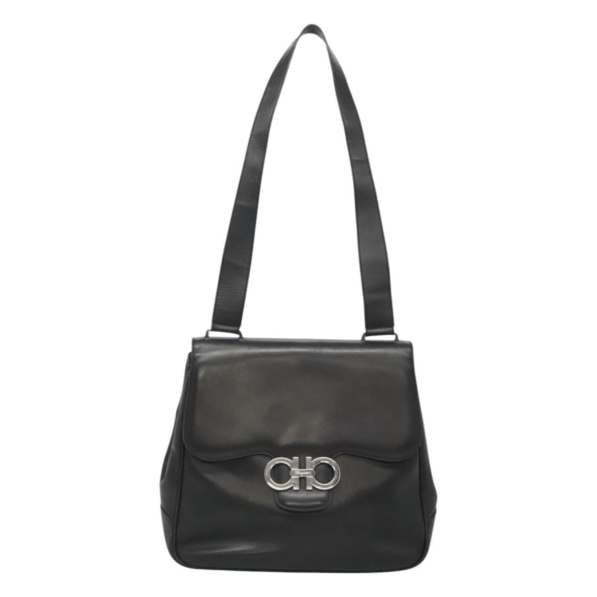 Salvatore Ferragamo Gancini Shoulder Bag Leather Black Silver Auth 114751