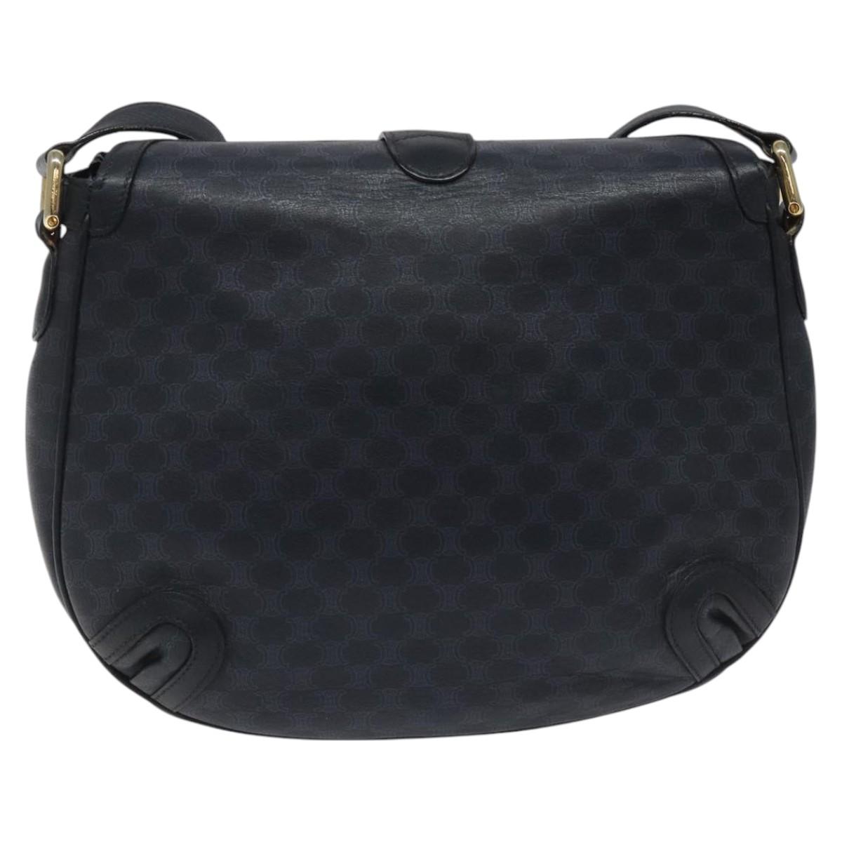 CELINE Macadam Canvas Shoulder Bag Leather Navy Gold Auth 114752