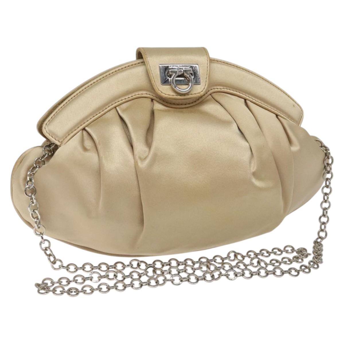 Salvatore Ferragamo Gancini Chain Shoulder Bag Satin Beige Silver Auth 114785