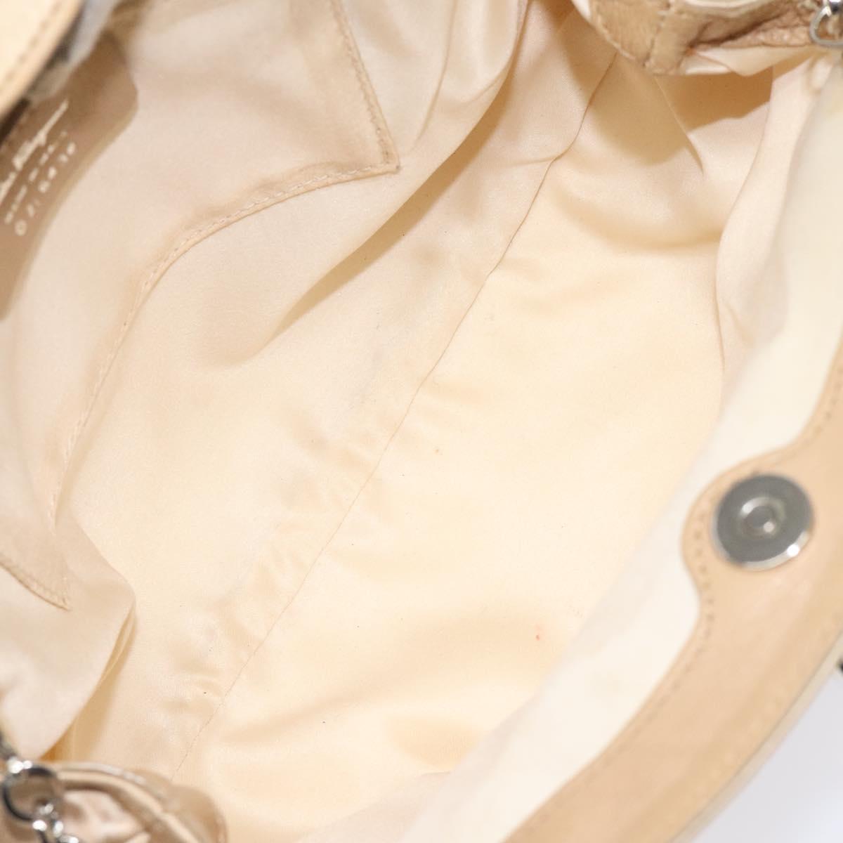 Salvatore Ferragamo Gancini Chain Shoulder Bag Satin Beige Silver Auth 114785