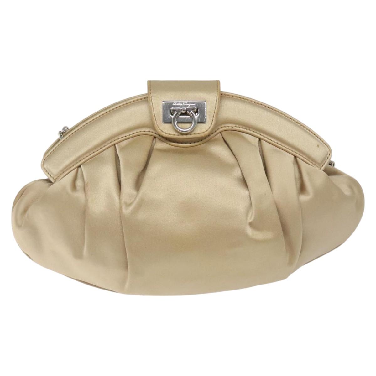 Salvatore Ferragamo Gancini Chain Shoulder Bag Satin Beige Silver Auth 114785