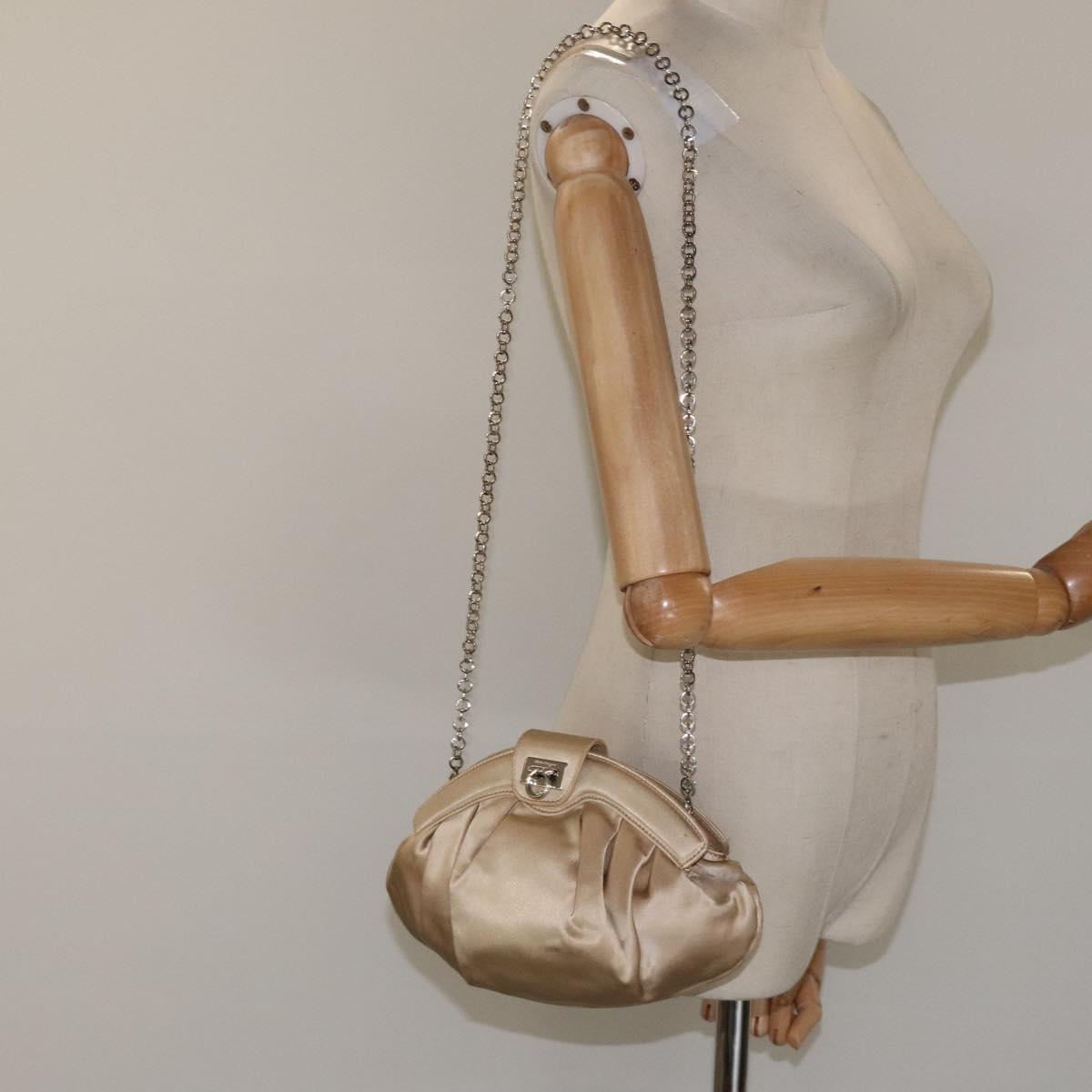 Salvatore Ferragamo Gancini Chain Shoulder Bag Satin Beige Silver Auth 114785