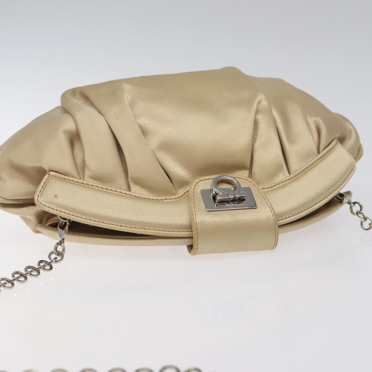 Salvatore Ferragamo Gancini Chain Shoulder Bag Satin Beige Silver Auth 114785