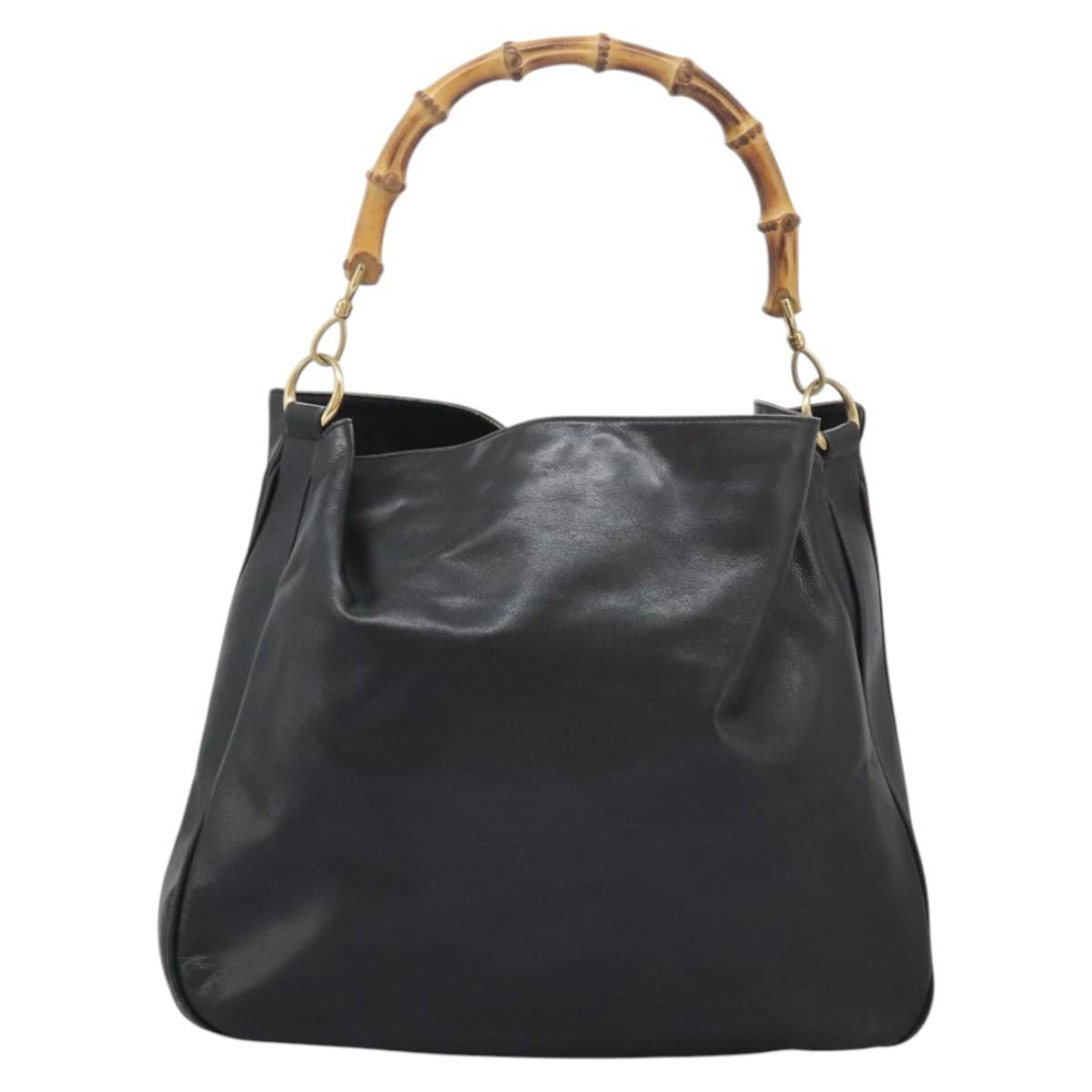 GUCCI Bamboo Hand Bag Leather 2way Black Gold 001 1781 1577 Auth 114799
