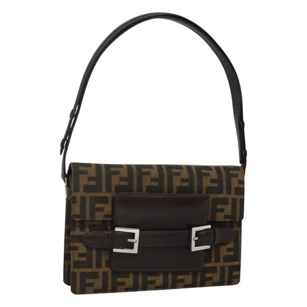 FENDI Zucca Canvas Shoulder Bag Brown Black Silver Auth 114885