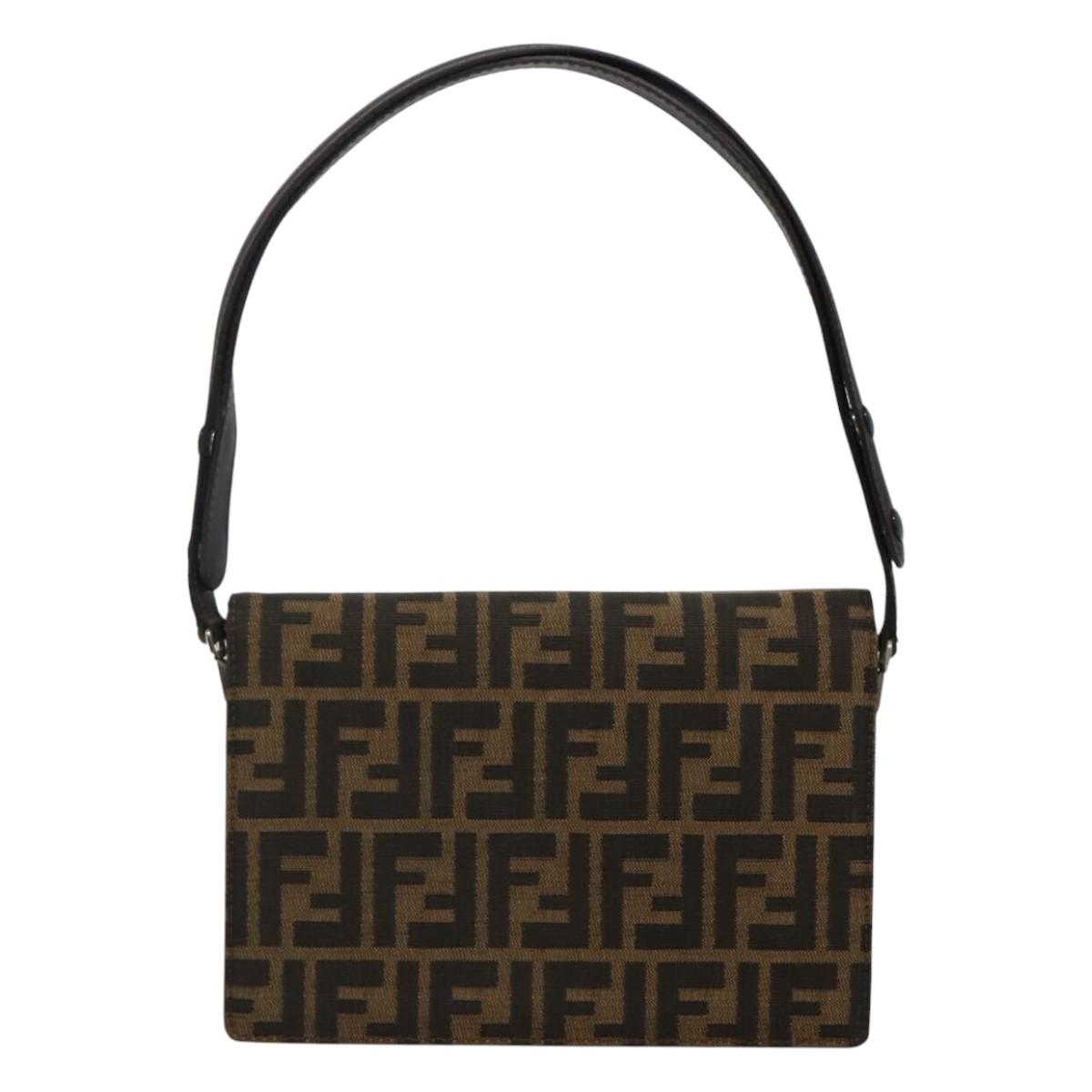 FENDI Zucca Canvas Shoulder Bag Brown Black Silver Auth 114885