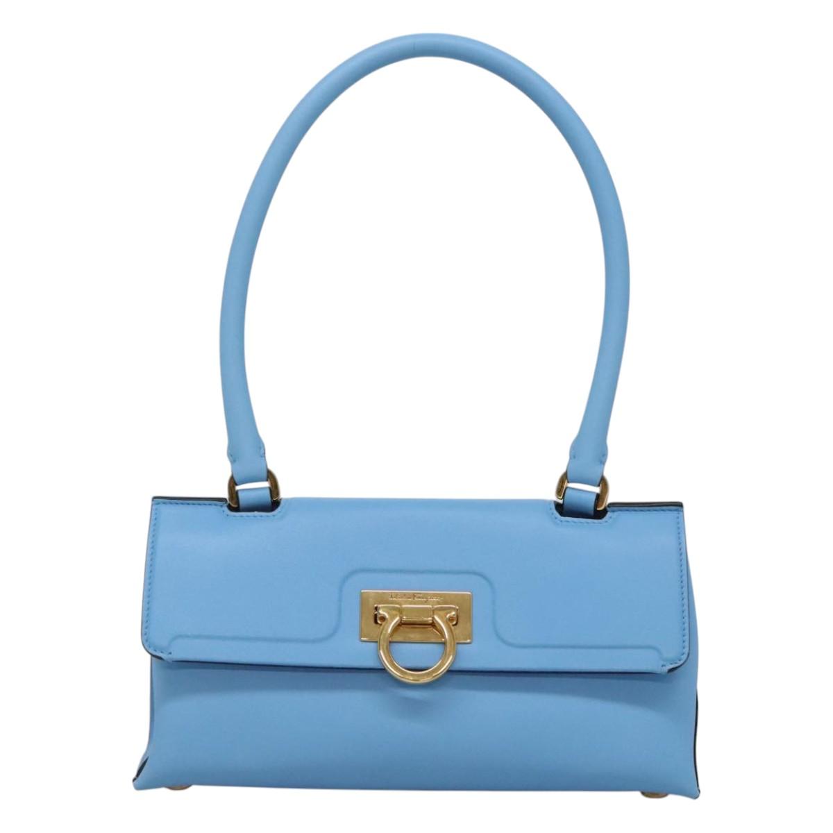 Salvatore Ferragamo Gancini Shoulder Bag Leather Blue Gold Auth 114931V