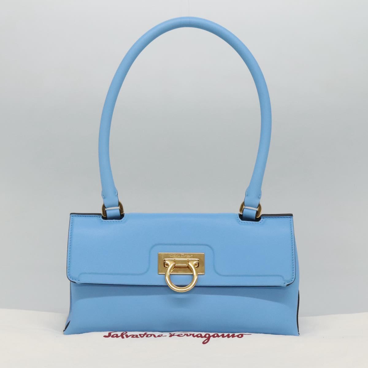 Salvatore Ferragamo Gancini Shoulder Bag Leather Blue Gold Auth 114931V