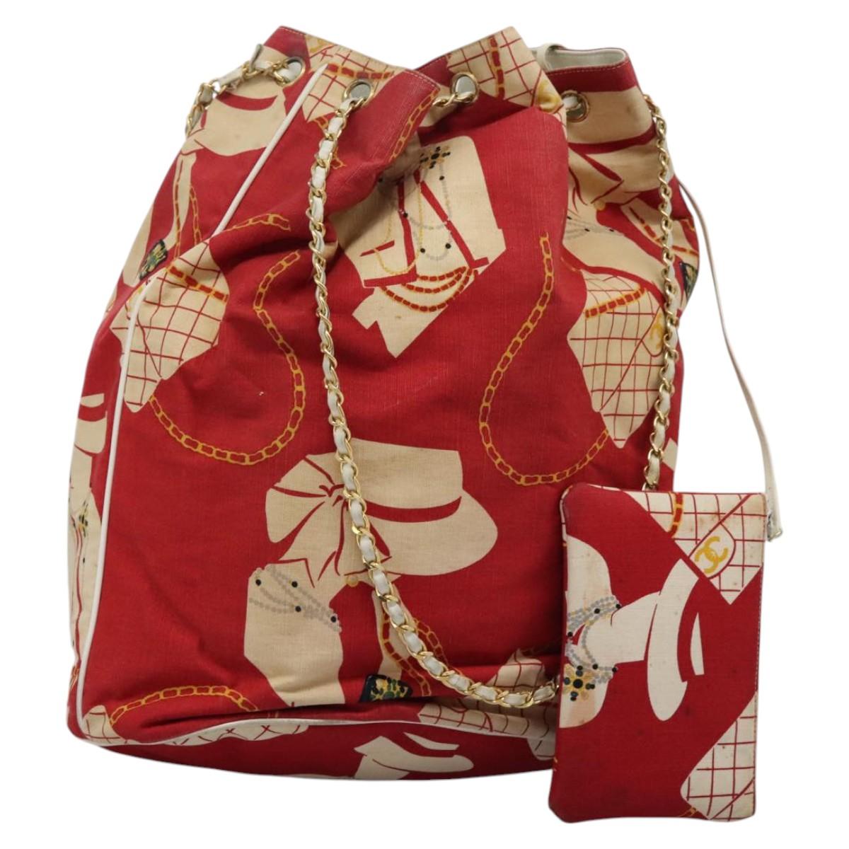 CHANEL Chain Shoulder Bag Canvas Red Gold CC Auth 114940