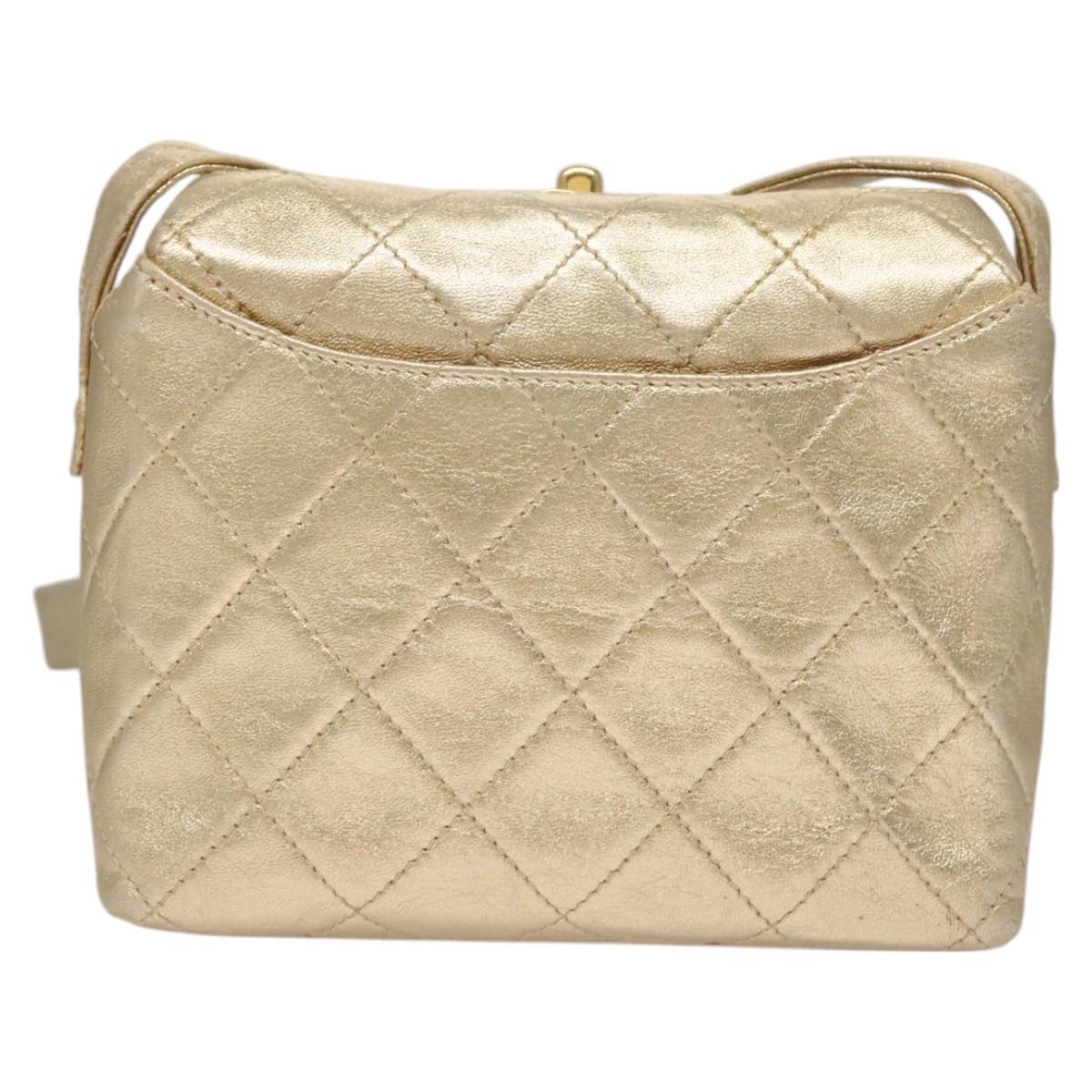 CHANEL Matelasse Shoulder Bag Lamb Skin Gold CC Auth 114942A