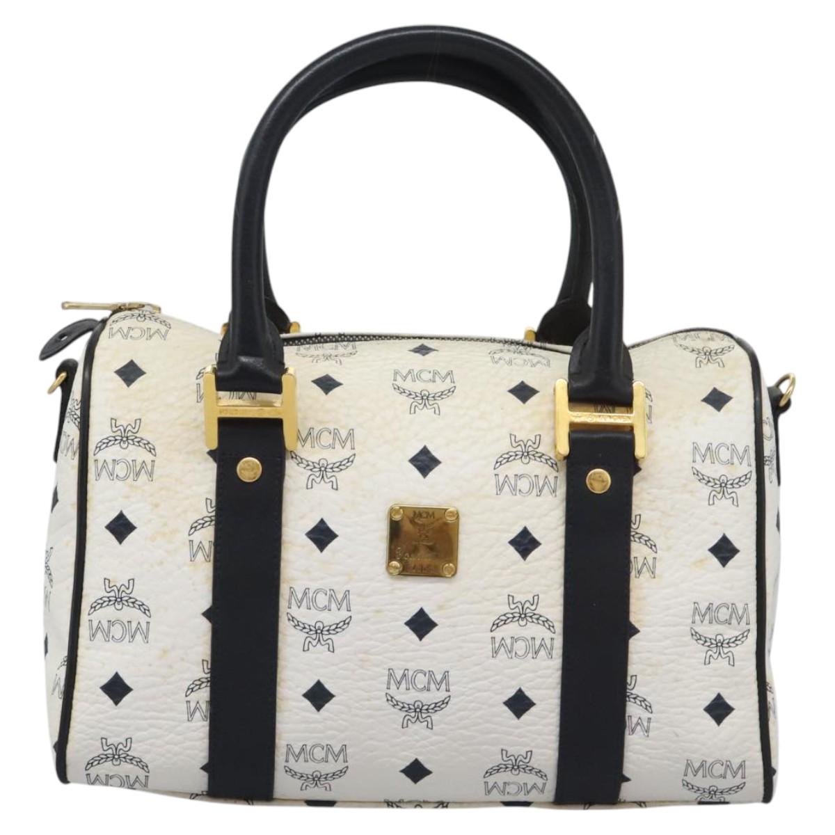 MCM Vicetos Logogram Hand Bag PVC Leather 2way White Gold Auth 115026