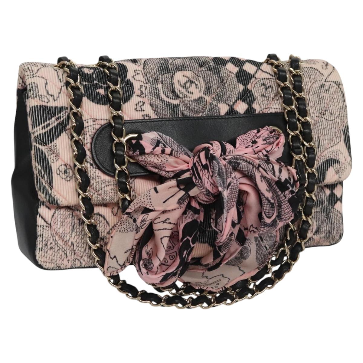 CHANEL Chain V Stitch Shoulder Bag Corduroy Pink Gold CC Auth 115032SM