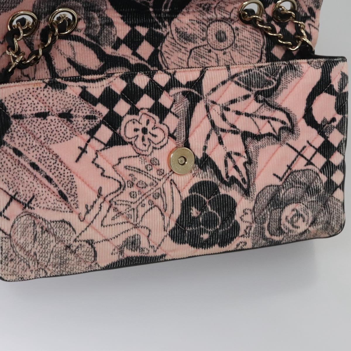 CHANEL Chain V Stitch Shoulder Bag Corduroy Pink Gold CC Auth 115032SM