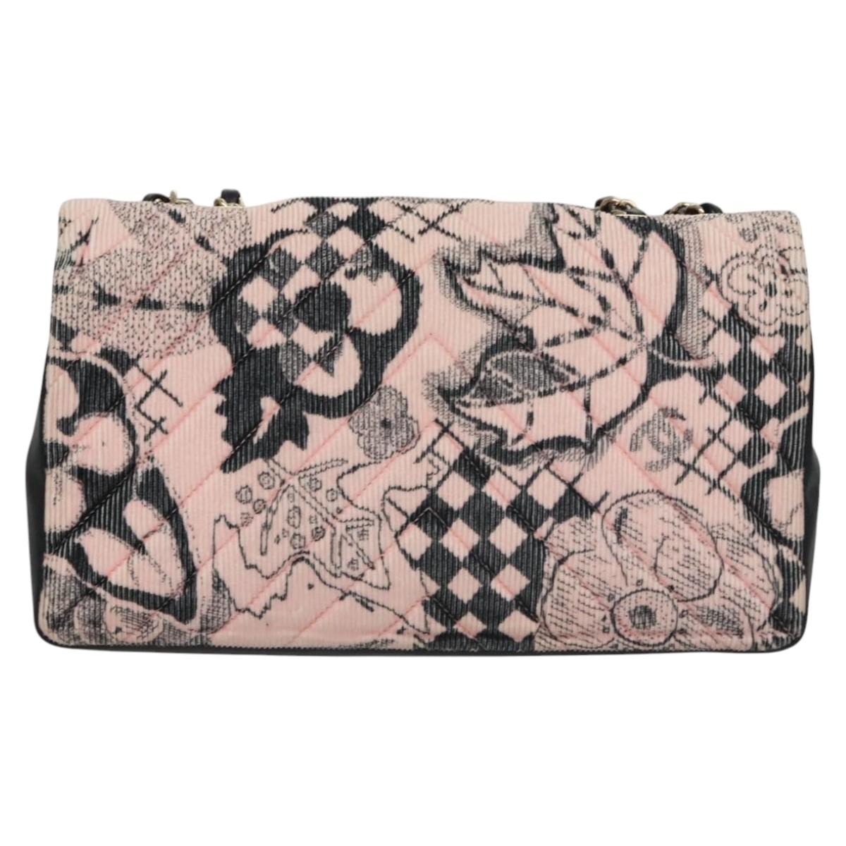 CHANEL Chain V Stitch Shoulder Bag Corduroy Pink Gold CC Auth 115032AM