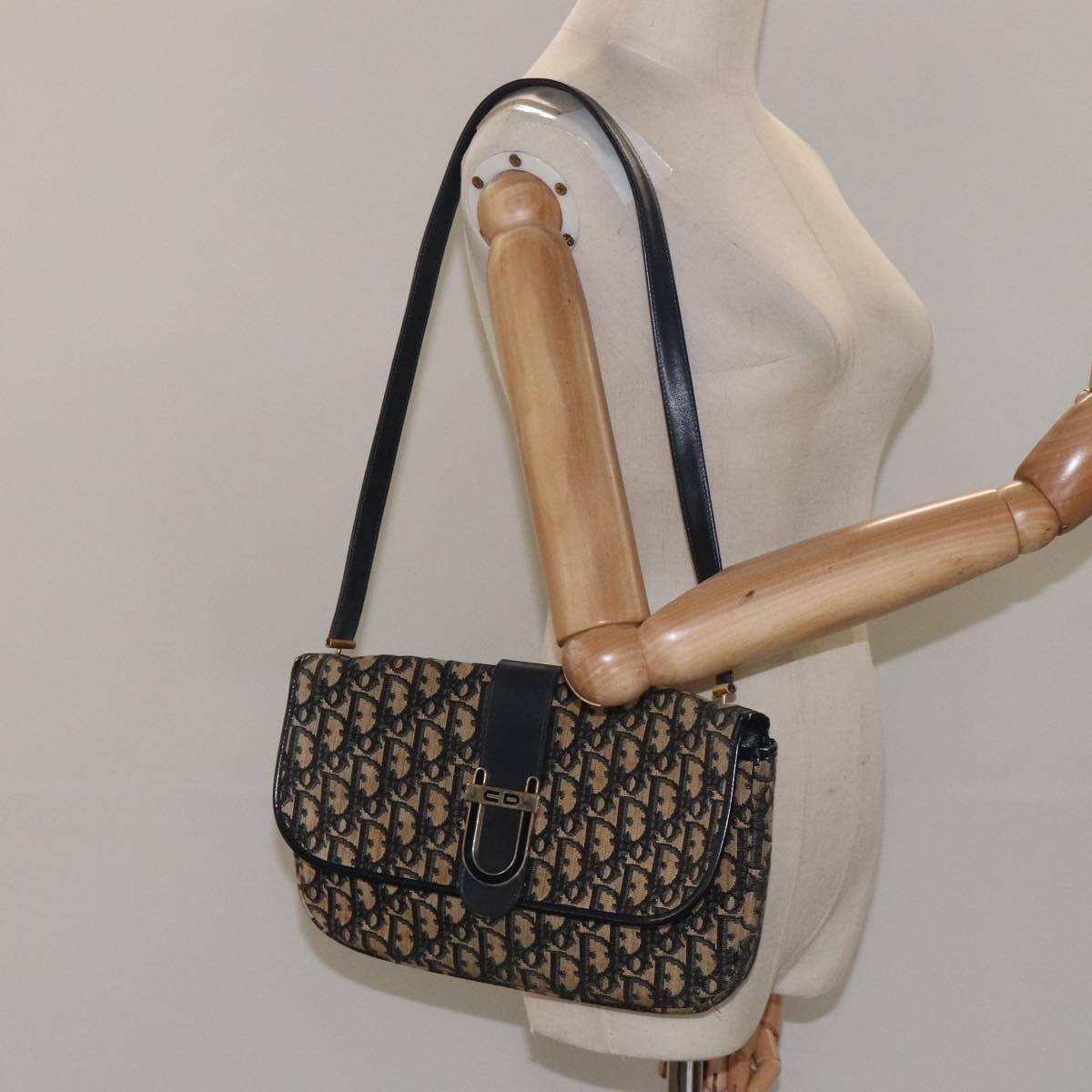 Christian Dior Trotter Canvas Shoulder Bag Navy Gold Auth 115041