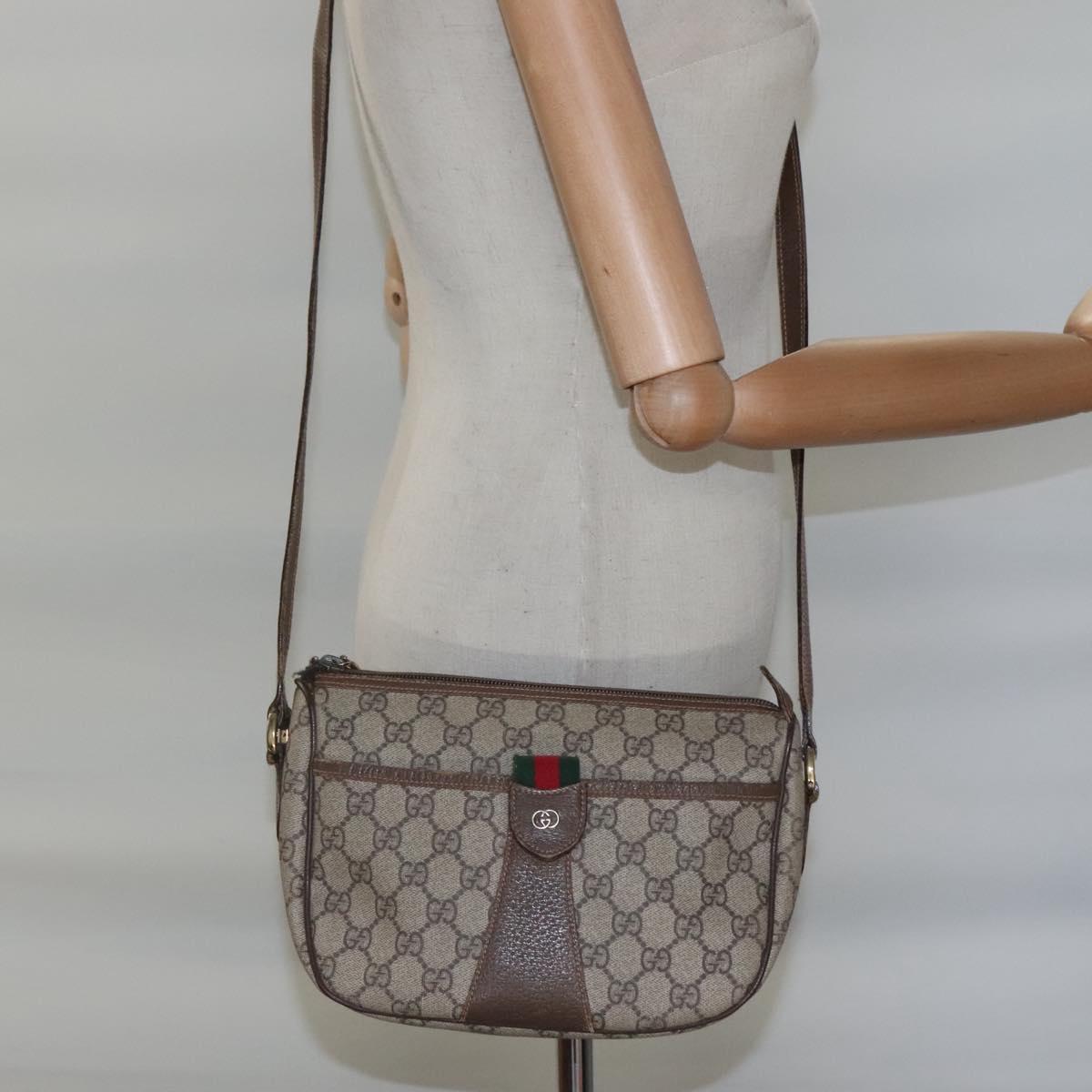 GUCCI GG Supreme Web Sherry Line Shoulder Bag PVC Beige Gold Red Auth 115099