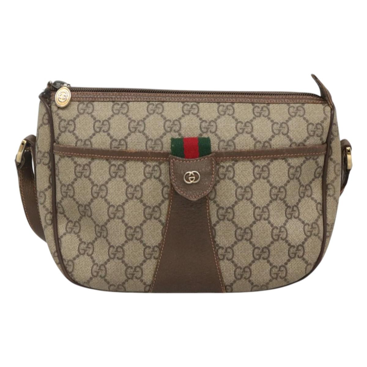 GUCCI GG Supreme Web Sherry Line Shoulder Bag PVC Beige Gold Red Auth 115099