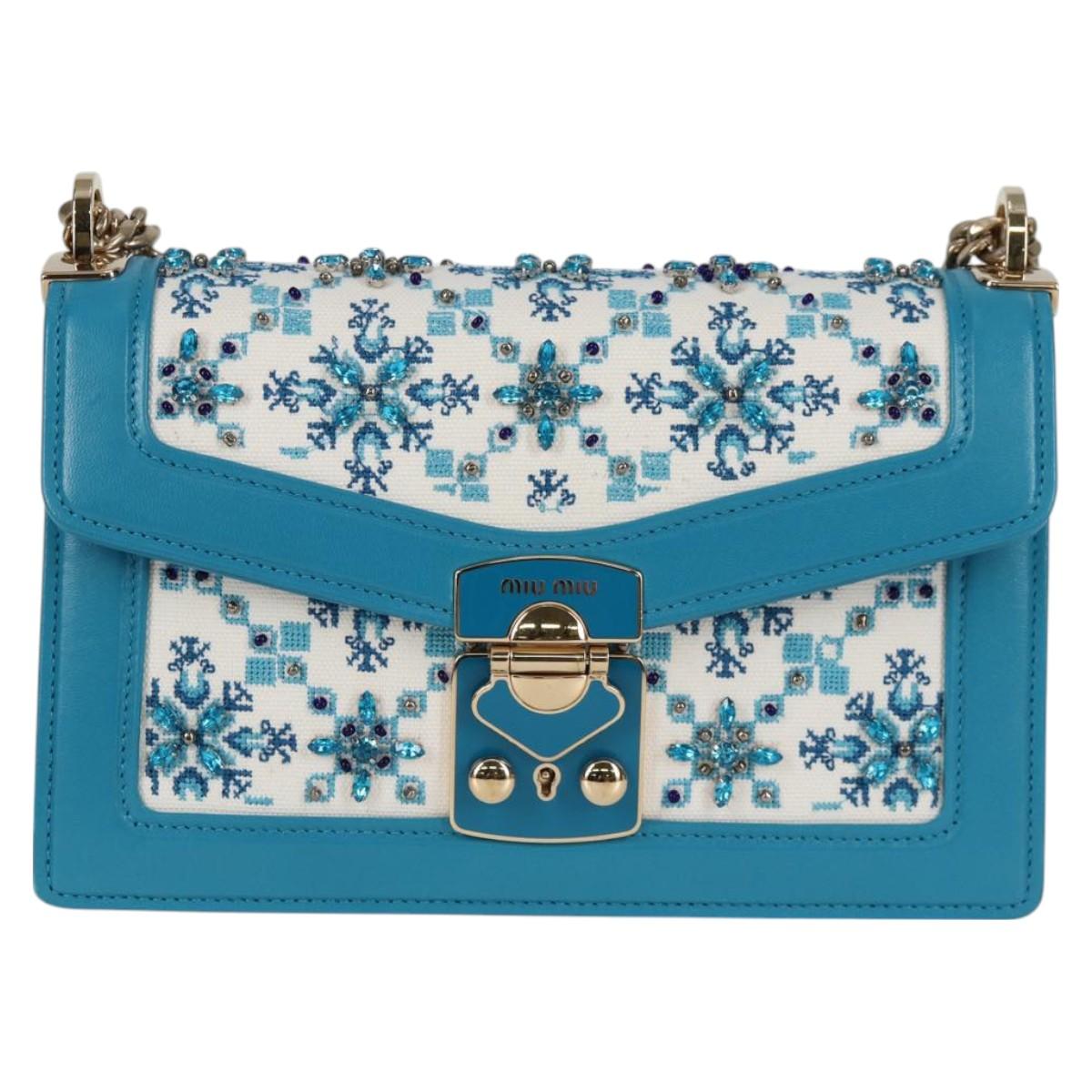 Miu Miu Chain Shoulder Bag Canvas Leather Blue Gold 5BD083 Auth 115233SM