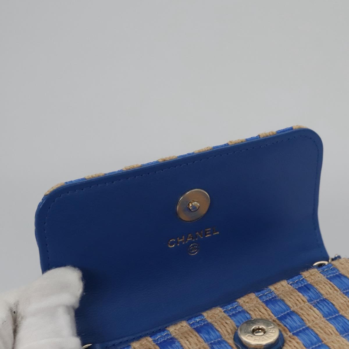 CHANEL Chain Shoulder Bag Raffia Blue CC Auth 115347AM