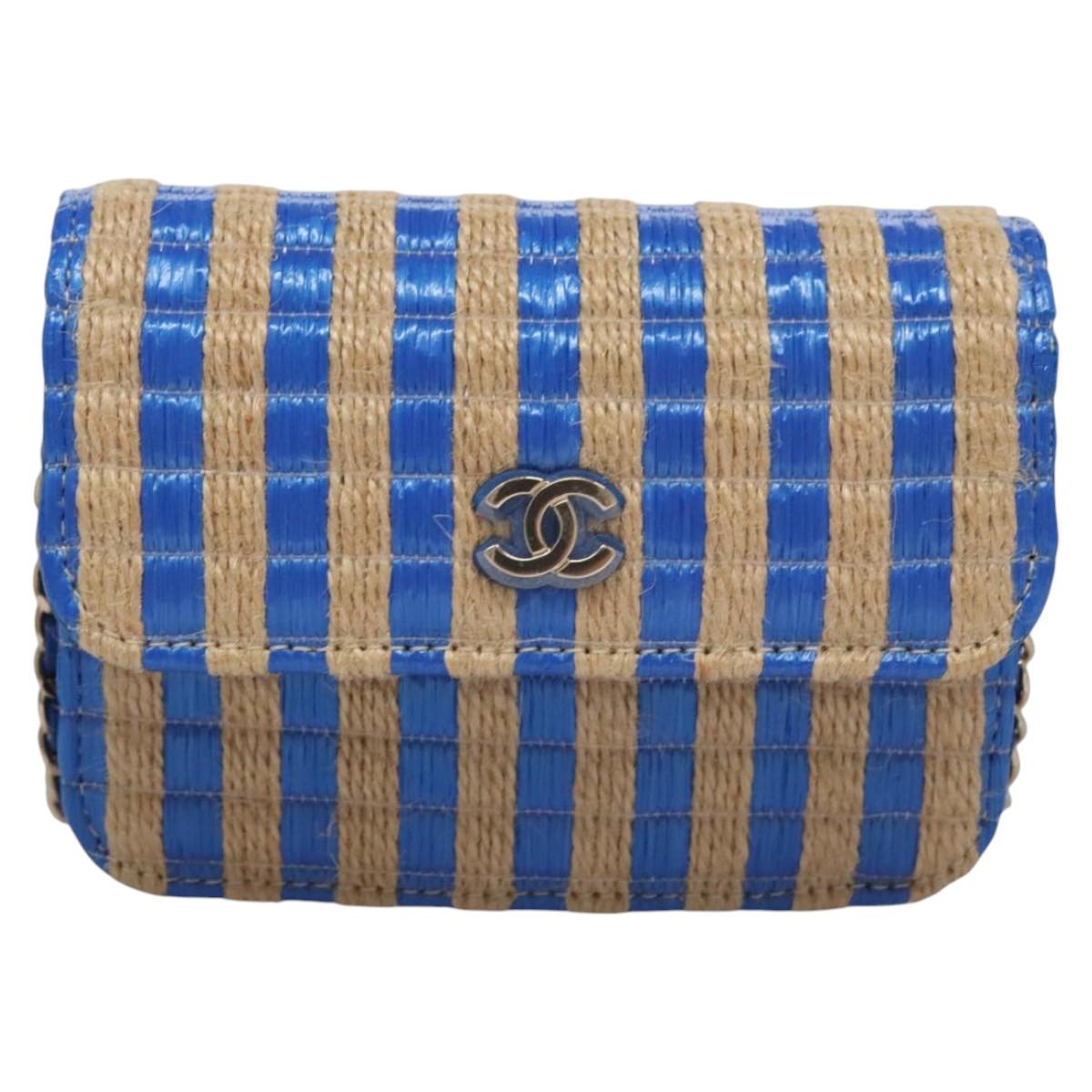 CHANEL Chain Shoulder Bag Raffia Blue CC Auth 115347AM