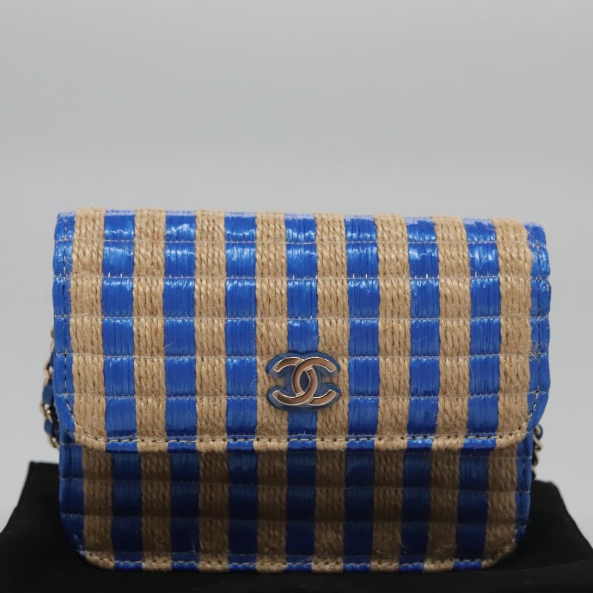CHANEL Chain Shoulder Bag Raffia Blue CC Auth 115347AM
