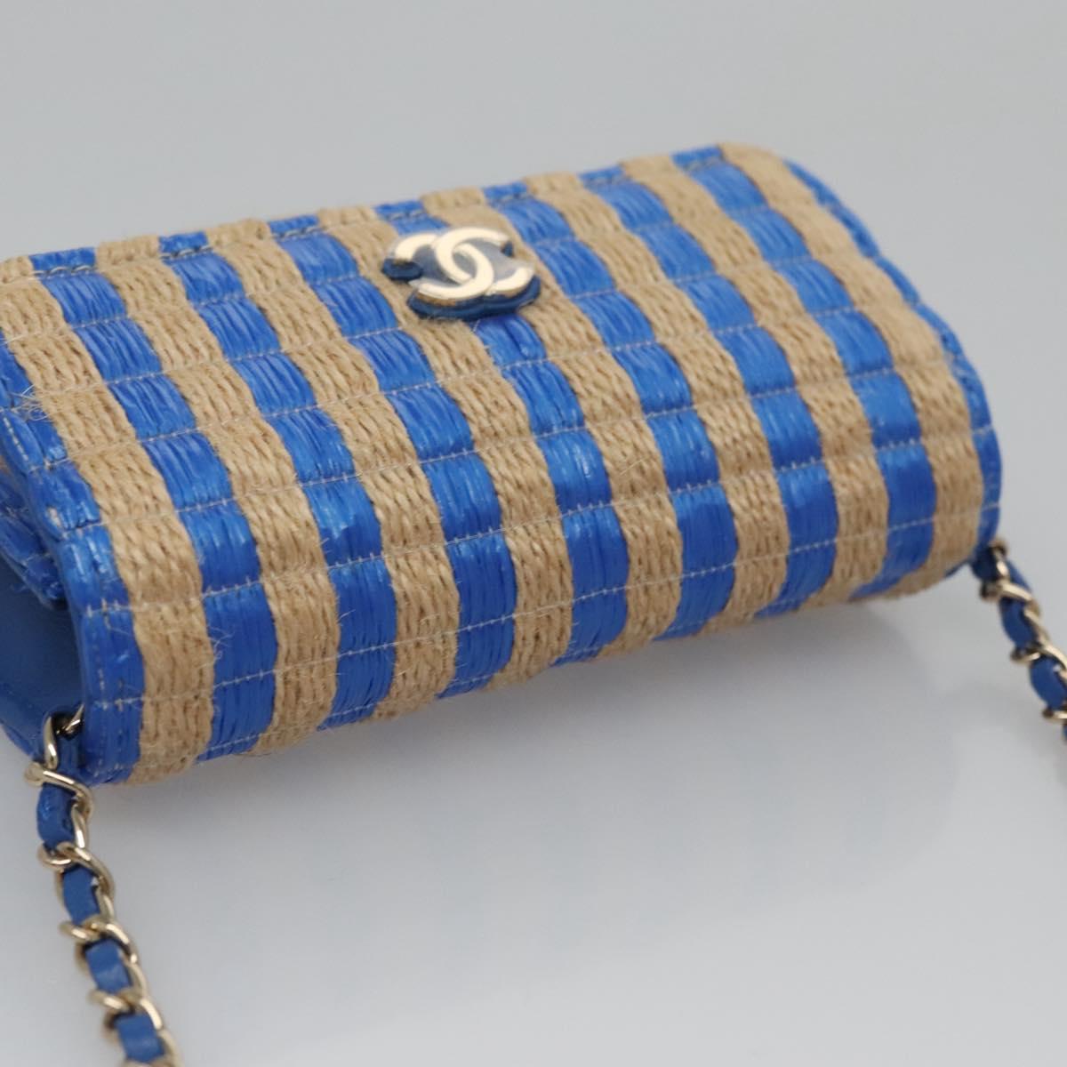 CHANEL Chain Shoulder Bag Raffia Blue CC Auth 115347SAM