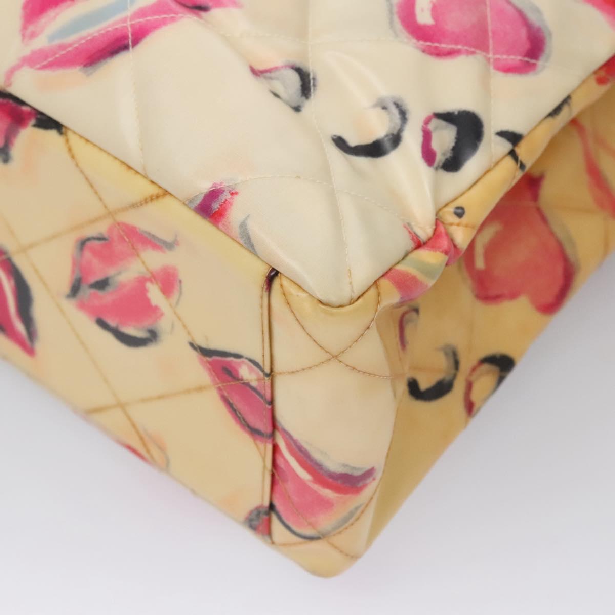 CHANEL Matelasse Chain Lip Tote Bag Enamel Beige CC Auth 115470A