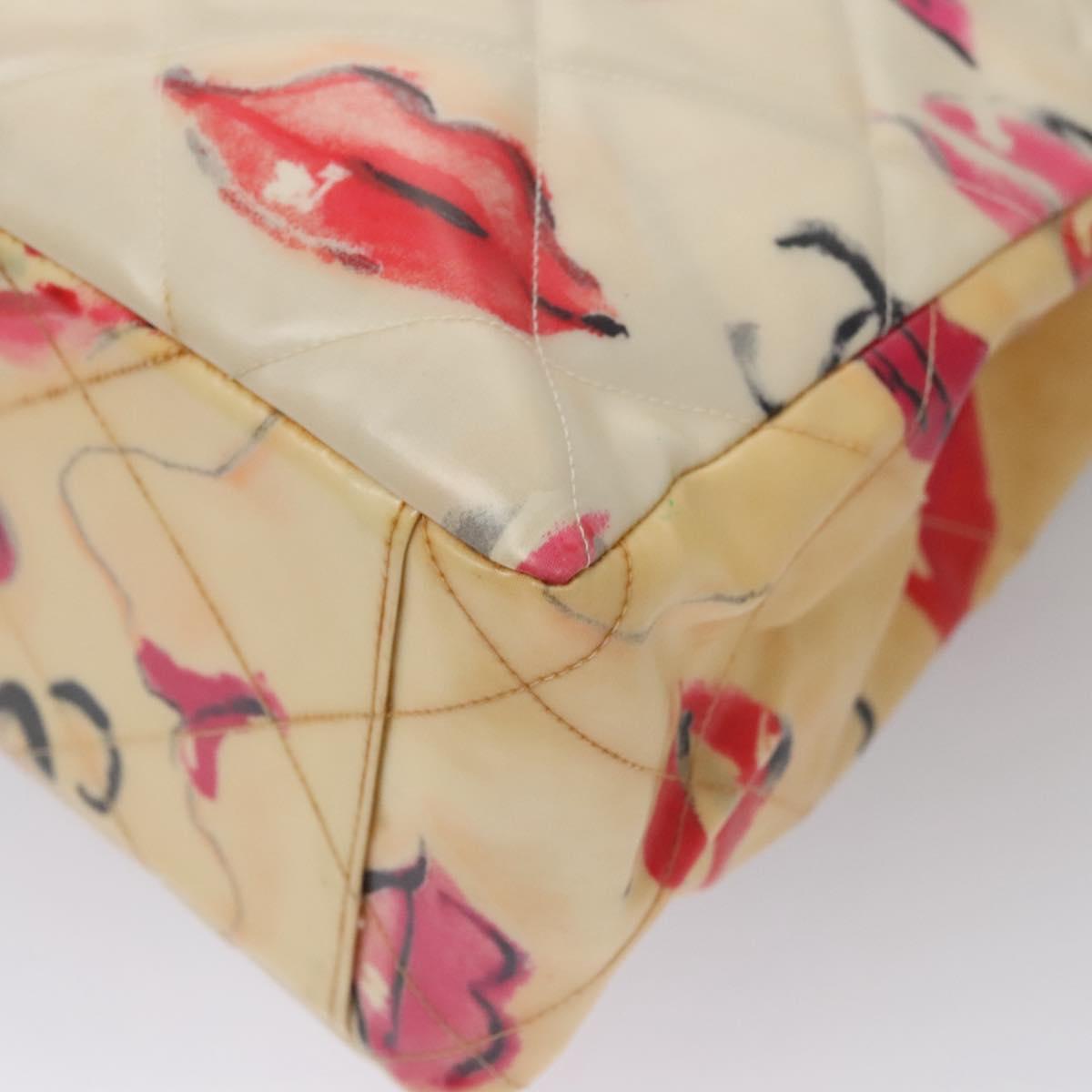 CHANEL Matelasse Chain Lip Tote Bag Enamel Beige CC Auth 115470A