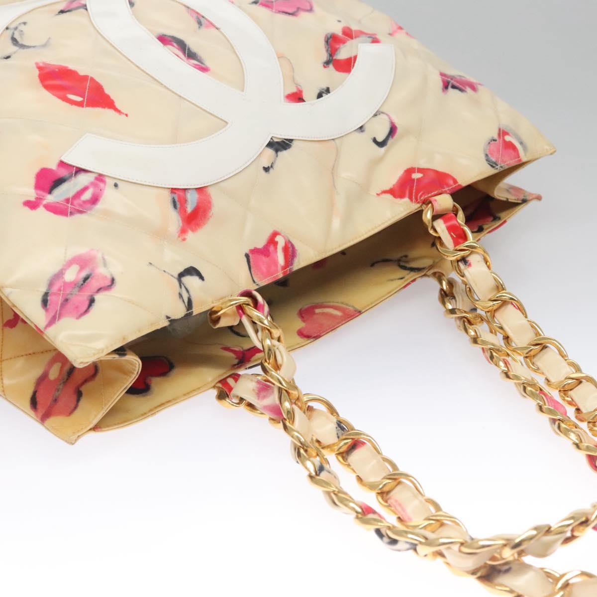 CHANEL Matelasse Chain Lip Tote Bag Enamel Beige CC Auth 115470A