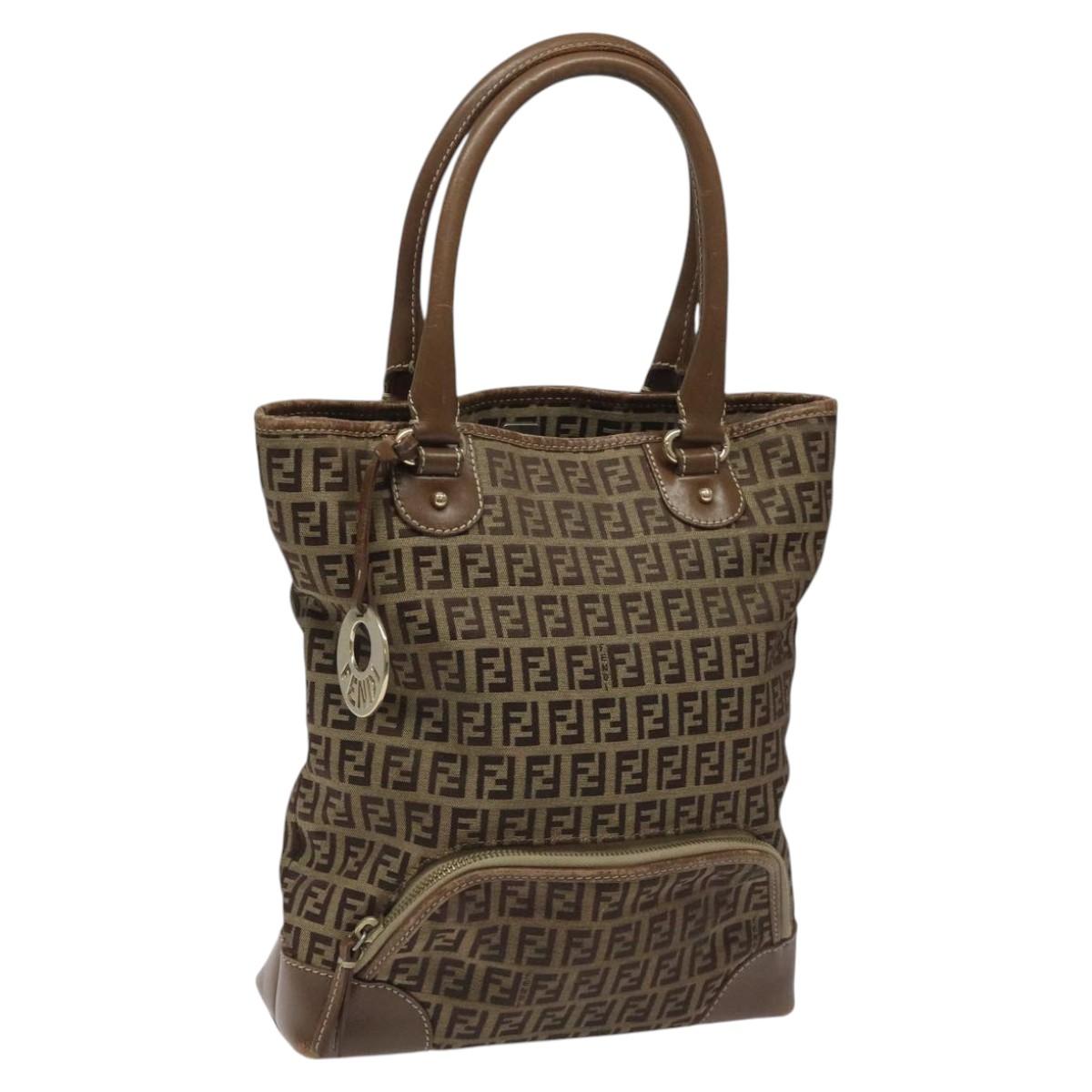 FENDI Zucchino Canvas Hand Bag Brown Beige Silver Auth 115510
