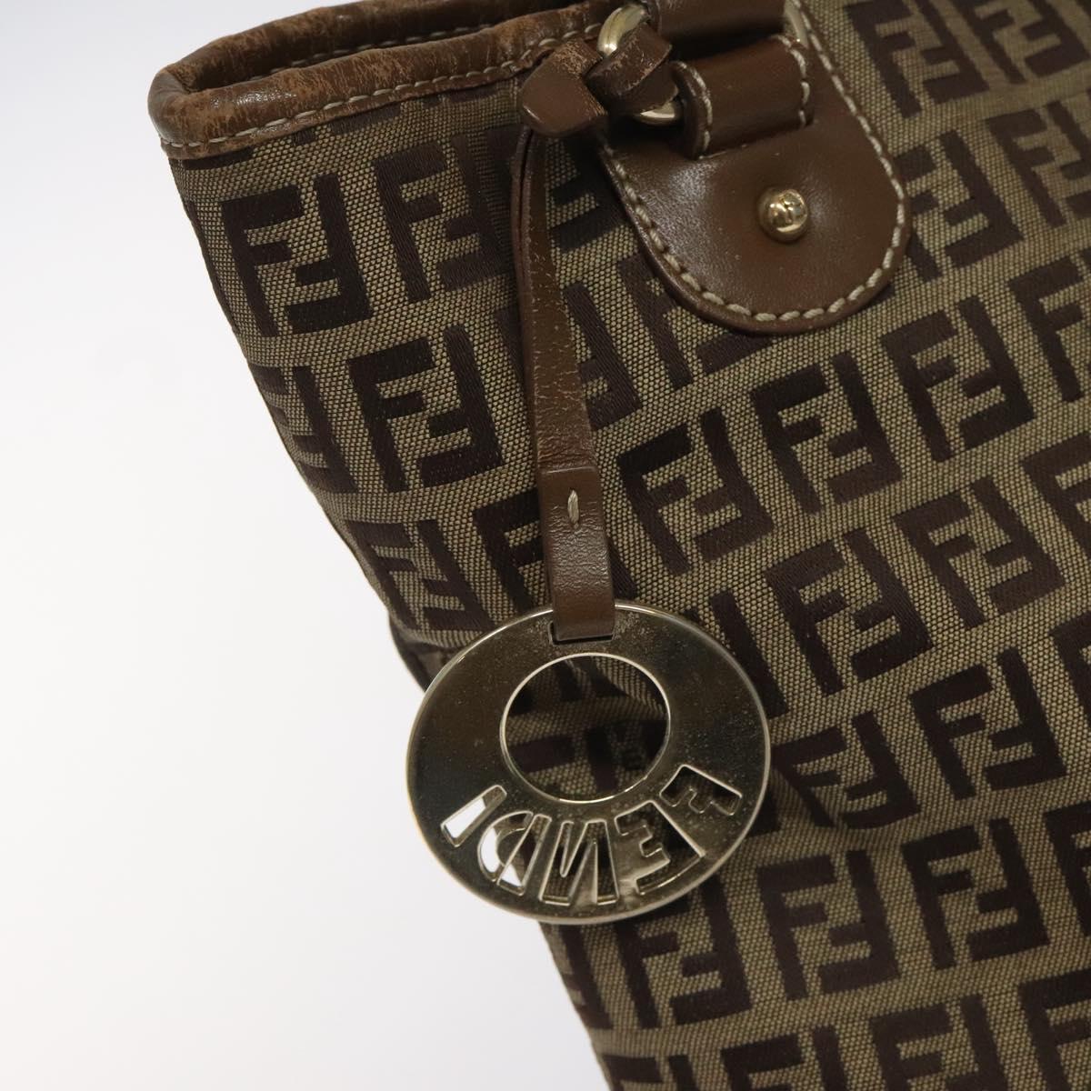 FENDI Zucchino Canvas Hand Bag Brown Beige Silver Auth 115510