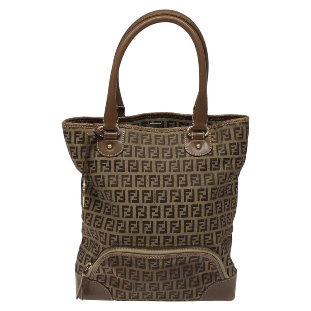 FENDI Zucchino Canvas Hand Bag Brown Beige Silver Auth 115510