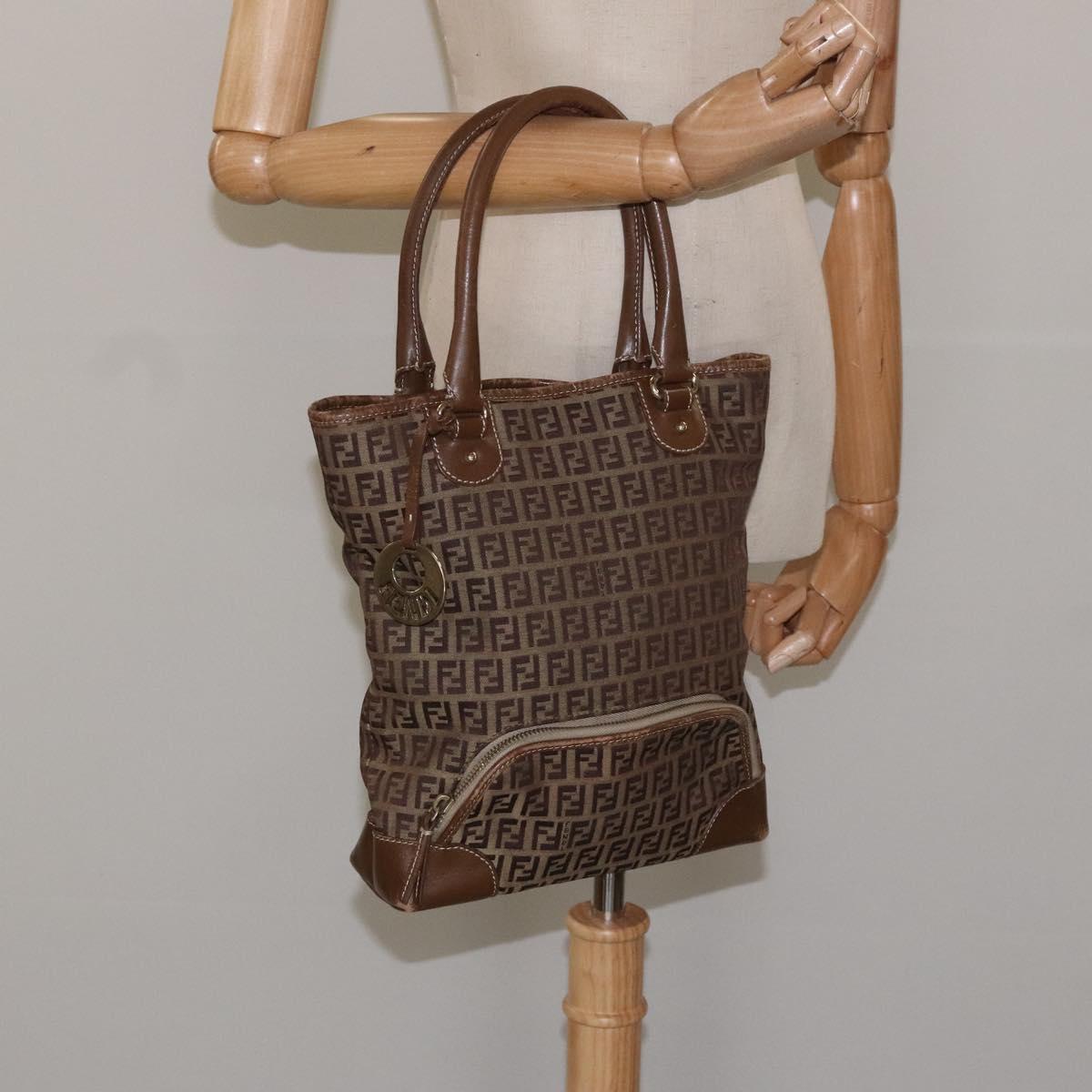 FENDI Zucchino Canvas Hand Bag Brown Beige Silver Auth 115510