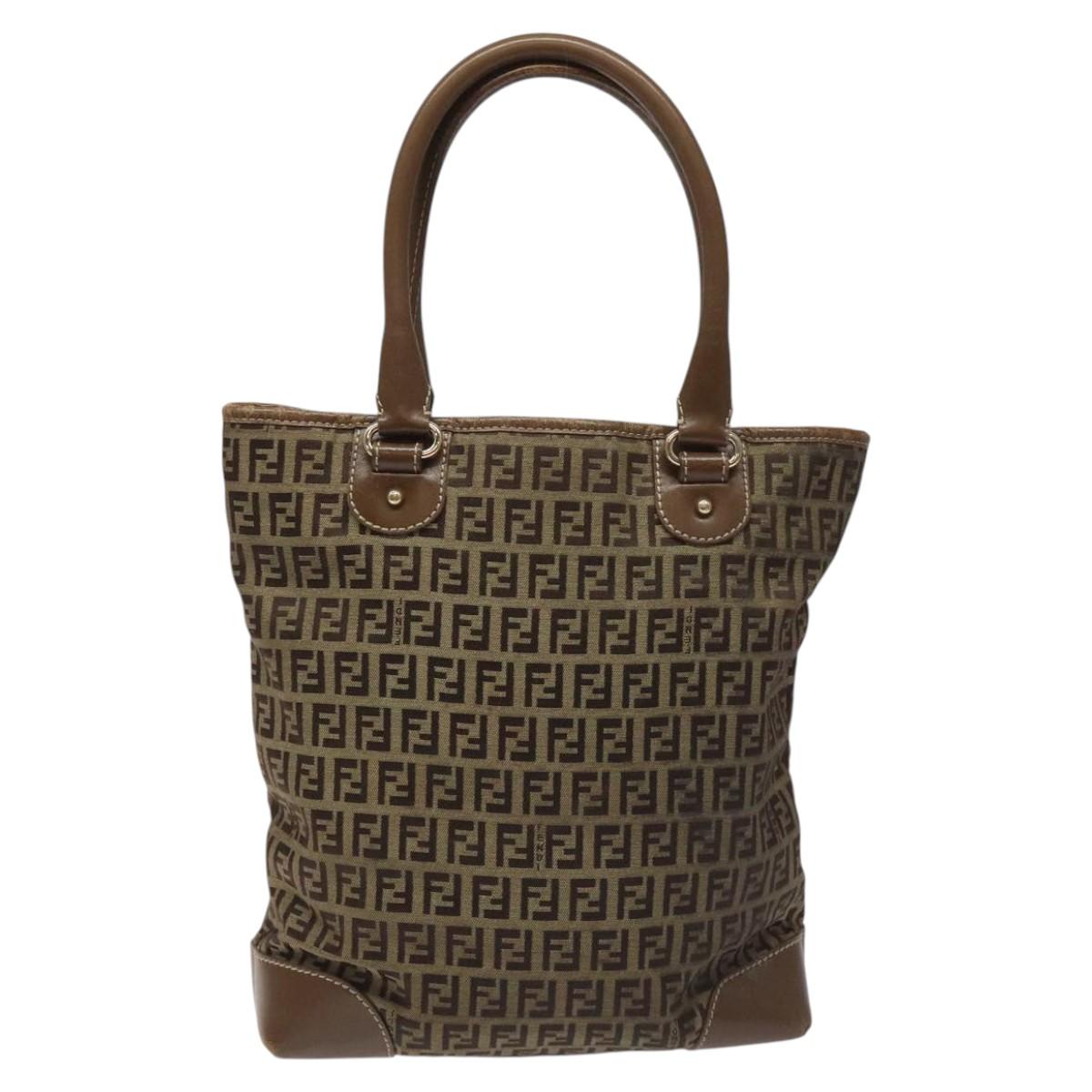 FENDI Zucchino Canvas Hand Bag Brown Beige Silver Auth 115510