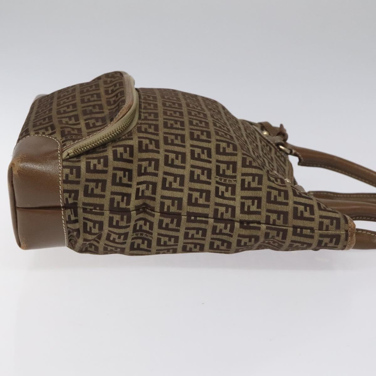 FENDI Zucchino Canvas Hand Bag Brown Beige Silver Auth 115510