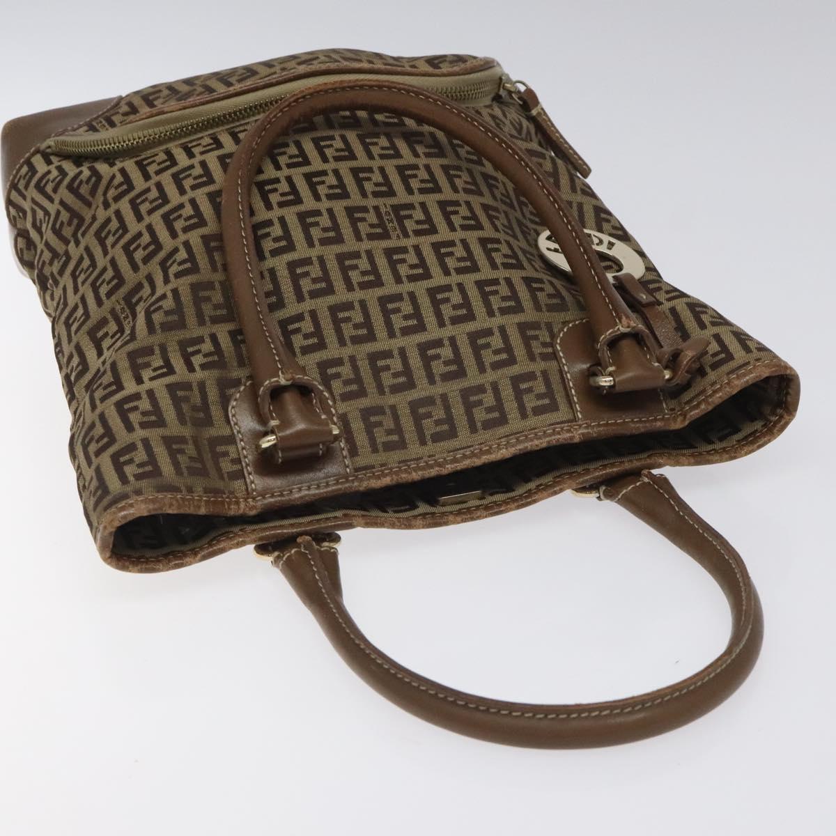 FENDI Zucchino Canvas Hand Bag Brown Beige Silver Auth 115510