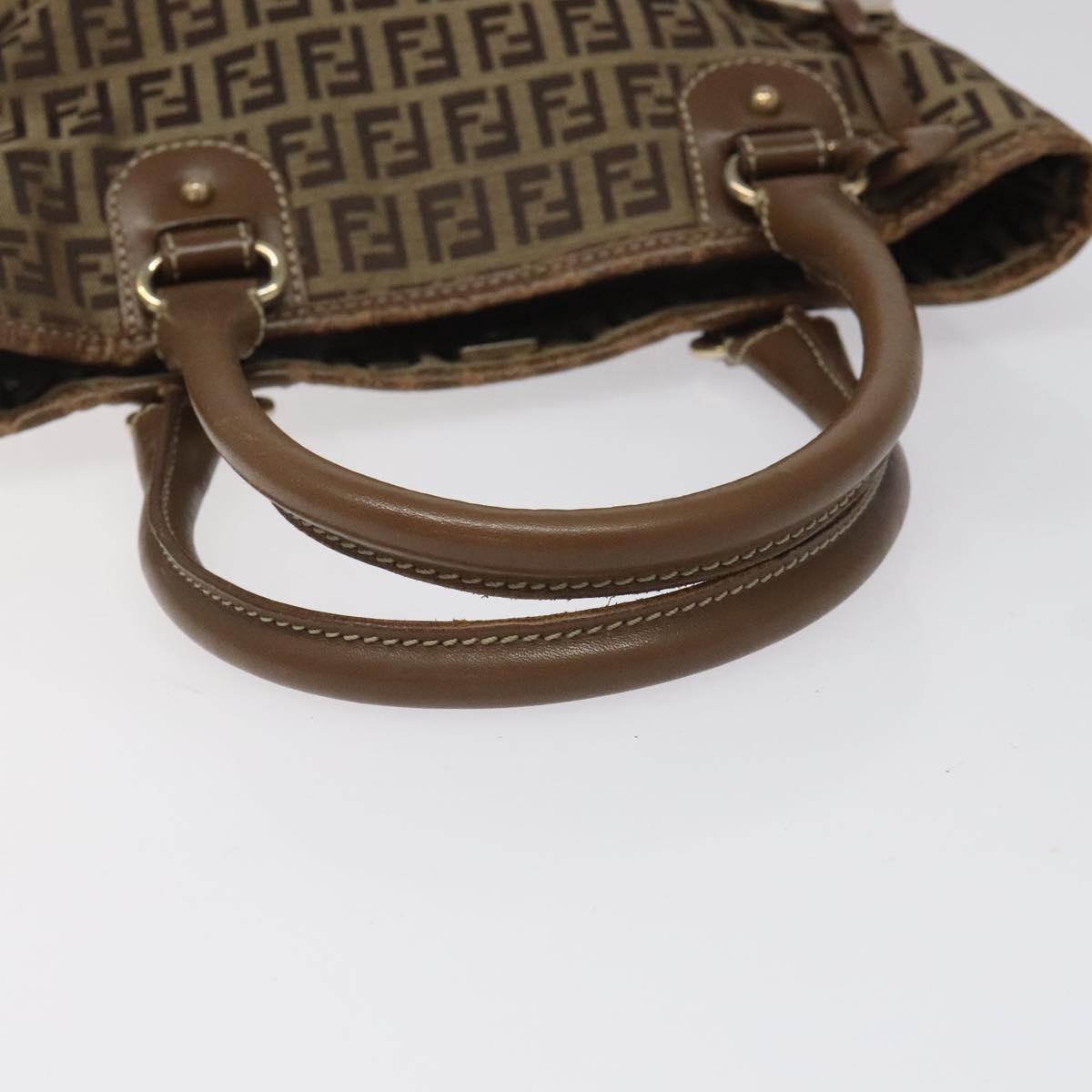 FENDI Zucchino Canvas Hand Bag Brown Beige Silver Auth 115510