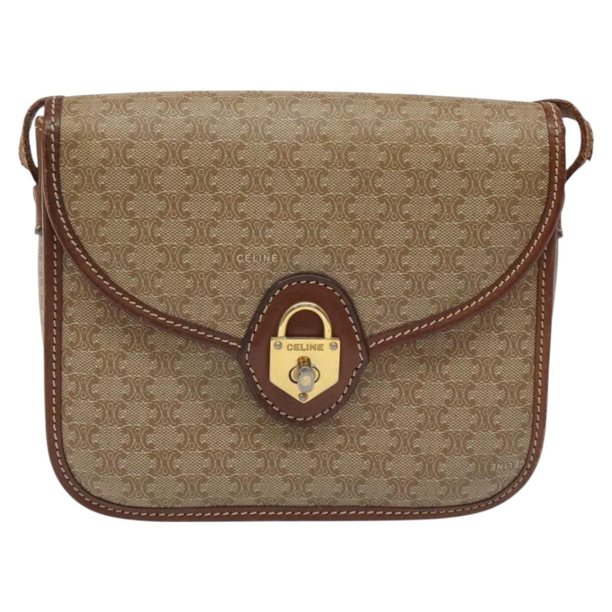 CELINE Macadam Canvas Shoulder Bag PVC Leather Beige Brown gold Auth 115531