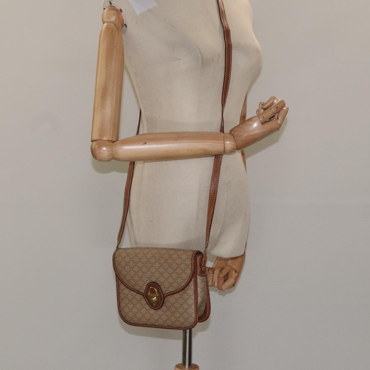 CELINE Macadam Canvas Shoulder Bag PVC Leather Beige Brown gold Auth 115531