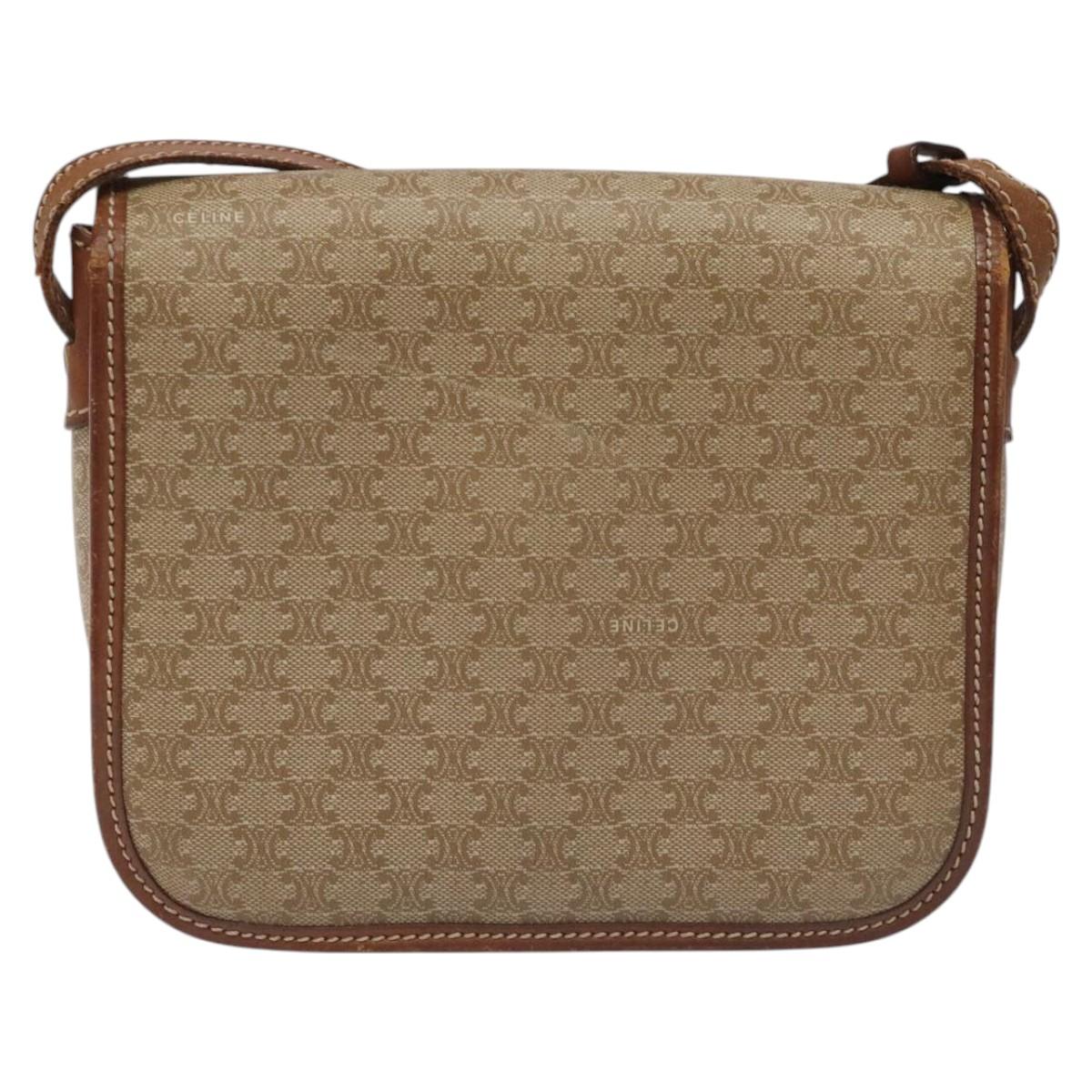 CELINE Macadam Canvas Shoulder Bag PVC Leather Beige Brown gold Auth 115531