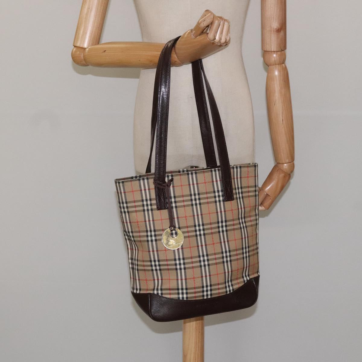 BURBERRY Nova Check Tote Bag Canvas Leather Beige Brown gold Auth 115568