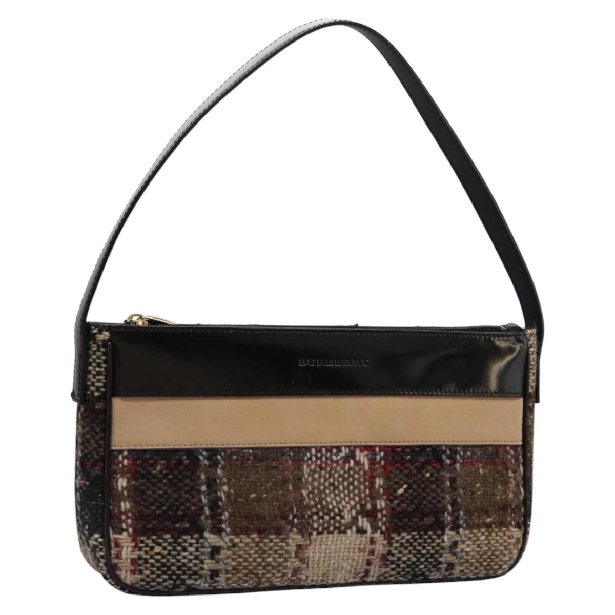 BURBERRY Nova Check Shoulder Bag Wool Suede Leather Beige Black gold Auth 115571